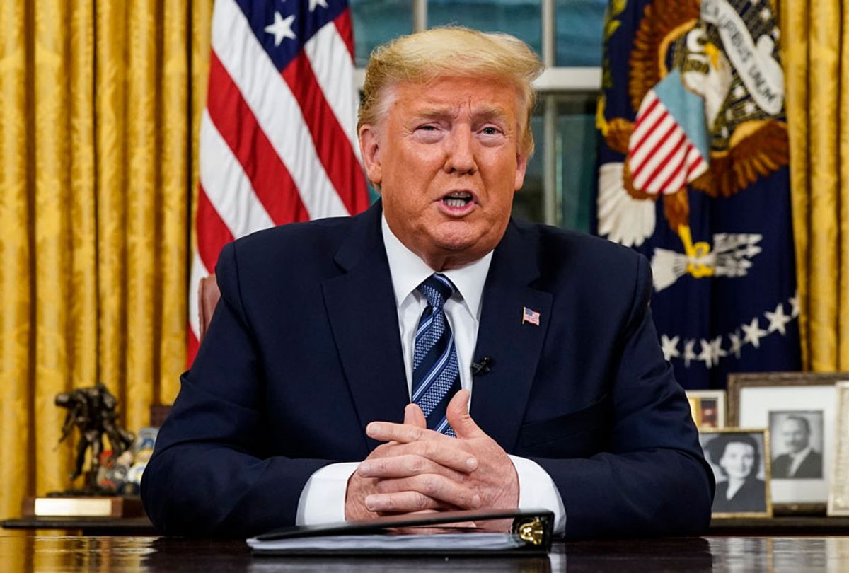 President Donald Trump speaks in an address to the nation from the Oval Office at the White House about the coronavirus Wednesday, March, 11, 2020, in Washington.  (Doug Mills/The New York Times via AP, Pool)