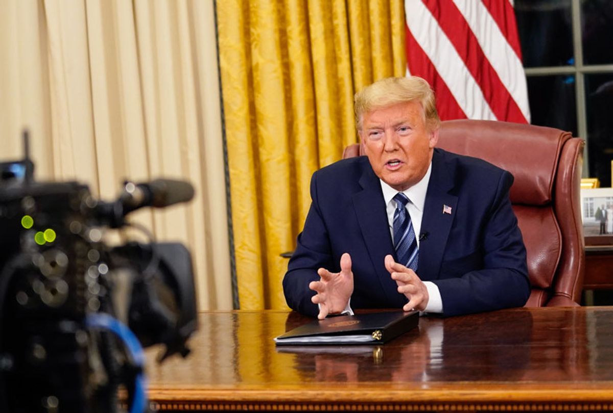 US President Donald Trump addresses the nation from the Oval Office about the widening Coronavirus crisis on March 11, 2020 in Washington, DC. President Trump said the US will suspend all travel from Europe - except the UK - for the next 30 days. Since December 2019, Coronavirus (COVID-19) has infected more than 109,000 people and killed more than 3,800 people in 105 countries.  (Doug Mills-Pool/Getty Images)