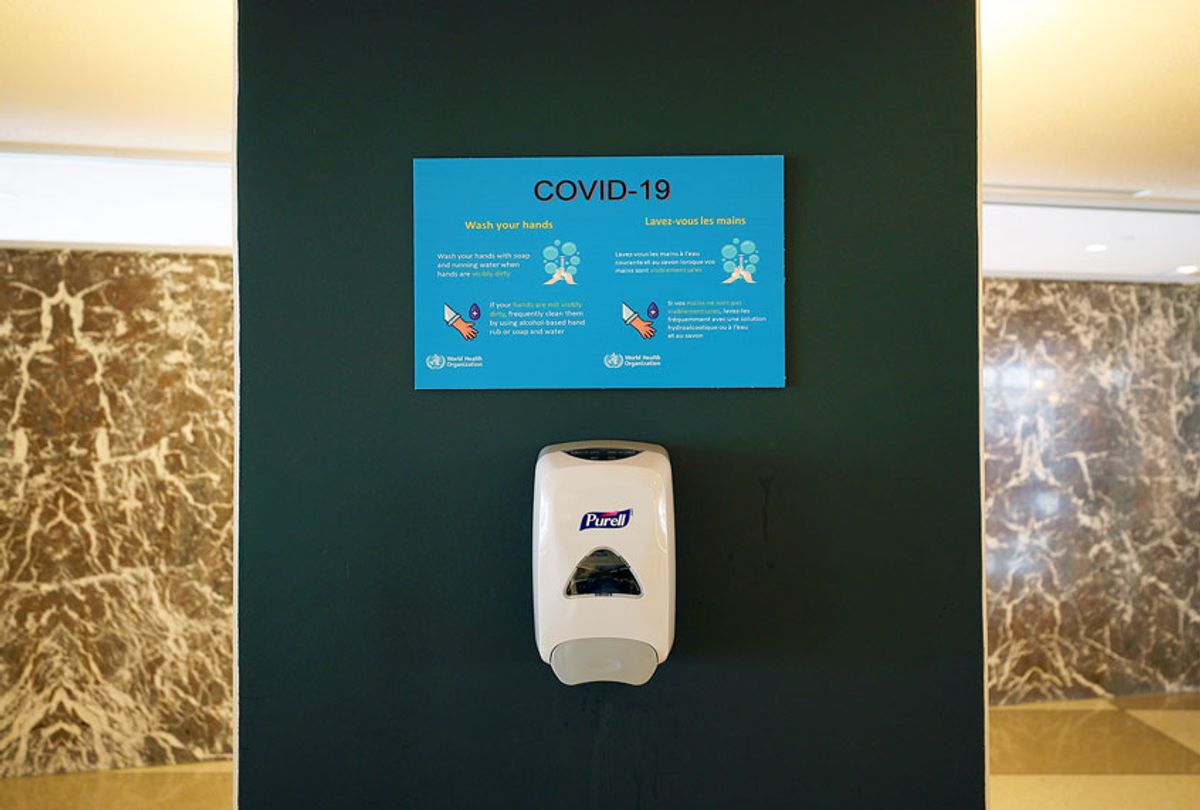 A disinfectant hand sanitizer is seen at United Nations Headquarters after it closed to the public "out of an abundance of caution" because of the spread of the novel coronavirus (COVID-19) in New York, United States on March 11, 2020.  (Tayfun Coskun/Anadolu Agency via Getty Images)