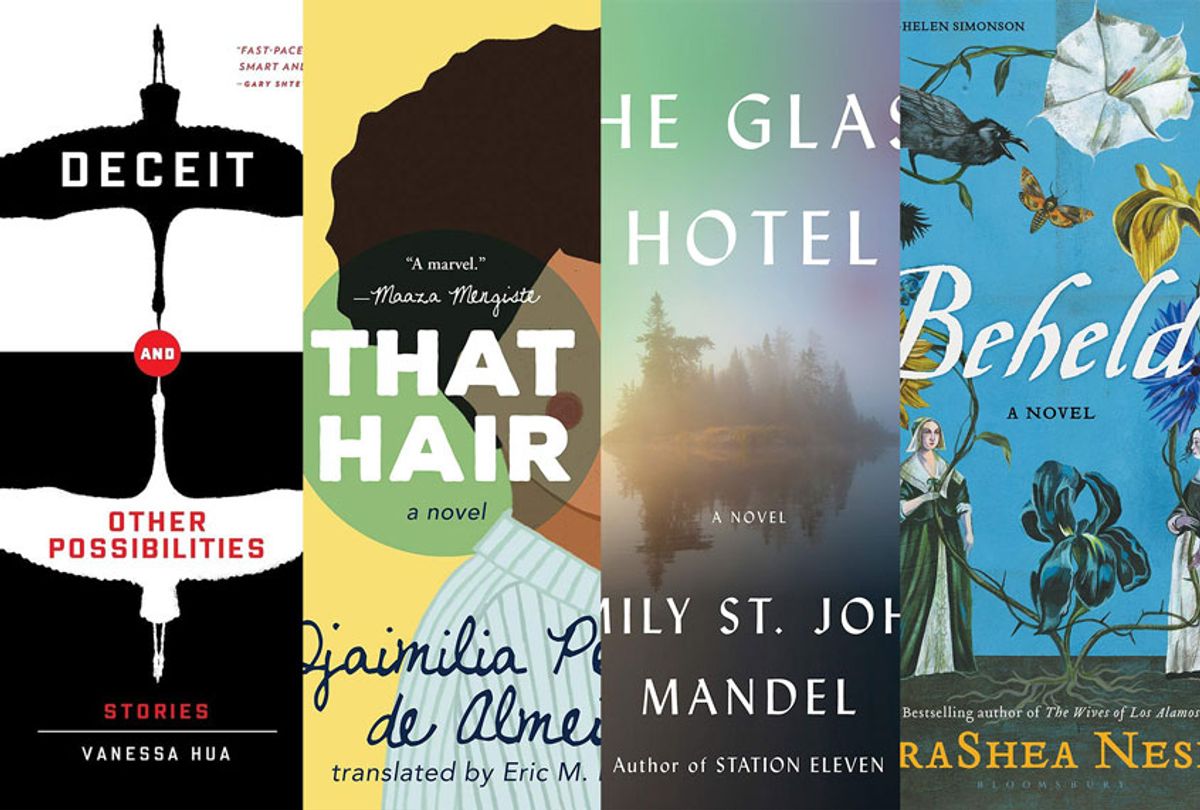 The Glass Hotel by Emily St John Mandel, Beheld by TaraShea Nesbit, Deceit and Other Possibilities by Vanessa Hua, and That Hair by Djailmilia Perira de Almeida (Tin House Books/Knopf/Bloomsbury Publishing/Willow Books)