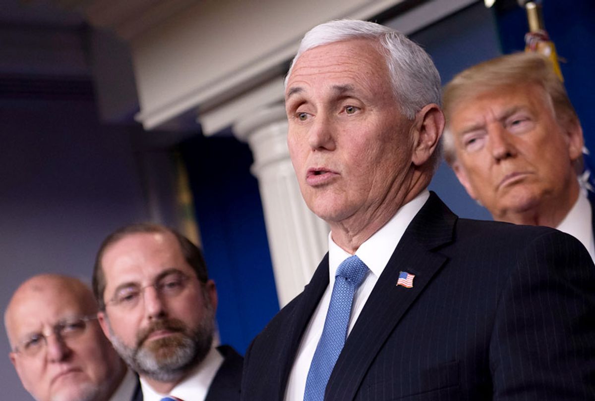  US Vice President Mike Pence speaks during a news conference on the COVID-19 outbreak at the White House on February 26, 2020. - US President Donald Trump on Wednesday defended his administration's response to the novel coronavirus, lashing the media for spreading panic as he conducts an evening news conference on the epidemic.  (ERIC BARADAT/AFP via Getty Images)