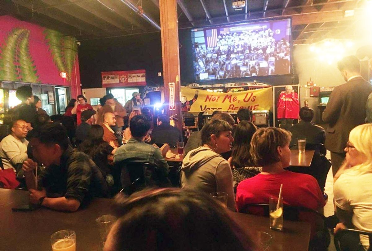Members of the East Bay chapter of the Democratic Socialists of America gather at a bar in West Oakland to watch the results of the primaries on Super Tuesday, March 3, 2020. Sen. Sanders was triumphant in the California primary. (Salon/Nicole Karlis)