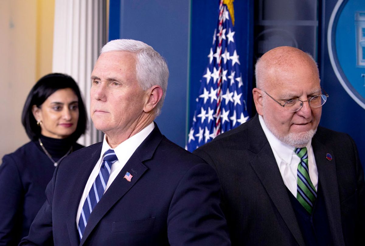 U.S. Vice President Mike Pence prepares to speak at a briefing on the Trump administration's coronavirus response in the press briefing room of the White House on March 04, 2020 in Washington, DC. Officials took questions on a range of issues related to the spread of the coronavirus in the U.S. Also pictured is Dr. Robert Redfield, Director of the CDC. (Tasos Katopodis/Getty Images)
