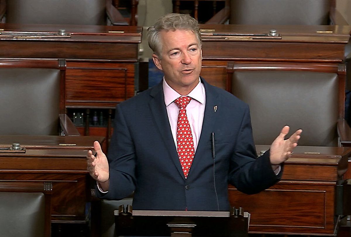 In this image from video, Sen. Rand Paul, R-Ky., speaks on the Senate floor at the U.S. Capitol in Washington, Wednesday, March 18, 2020. (Senate Television via AP)