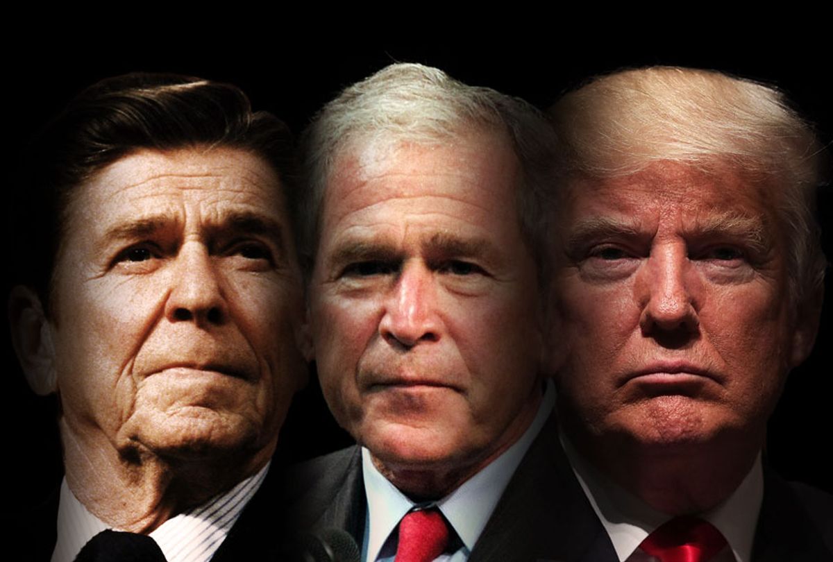 Ronald Reagan, George W. Bush and Donald Trump (Getty Images/Salon)