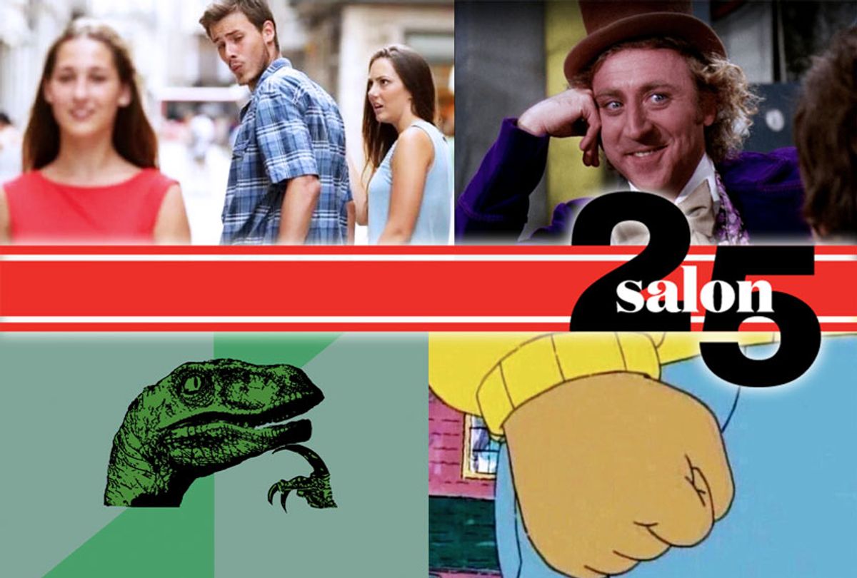 A collage of memes: Distracted Boyfriend, Gene Wilder, Philosophy Dinosaur, and Clenched Fist (Salon/KnowYourMeme)