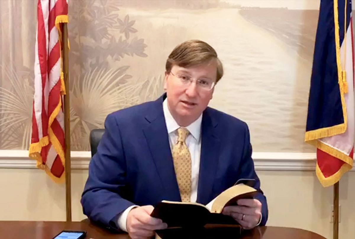 Mississippi Gov. Tate Reeves leads a prayer service about the coronavirus on Sunday, March 22, 2020, on Facebook live. (Office of the Mississippi Governor via AP)