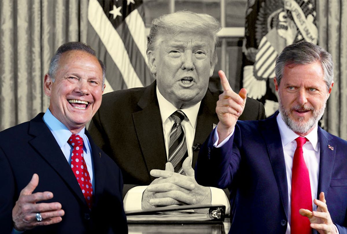 Donald Trump, Roy Moore and Jerry Falwell Jr. (Jessica McGowan/Alex Wong/Getty Images/AP Photo)