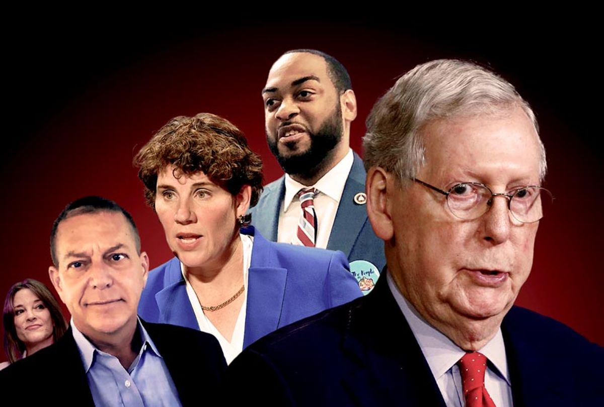 Mitch McConnell surrounded by challengers: Amy McGrath, Charles Booker, and Mike Broihier with Marianne Williamson peeking over his shoulder (Photo illustration by Salon/Getty Images/AP Photo)