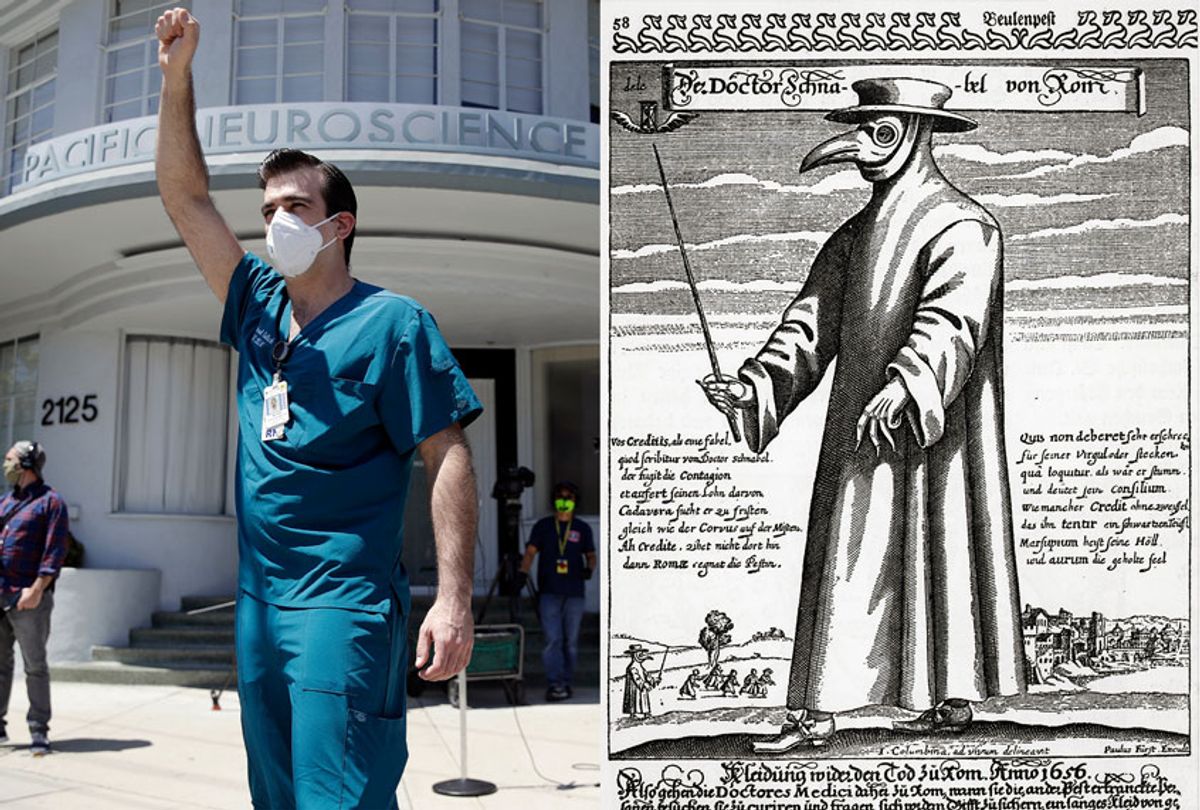 Nurse holding up fist in protest | Plague Doctor illustration (Getty Images/AP Photo/Salon)