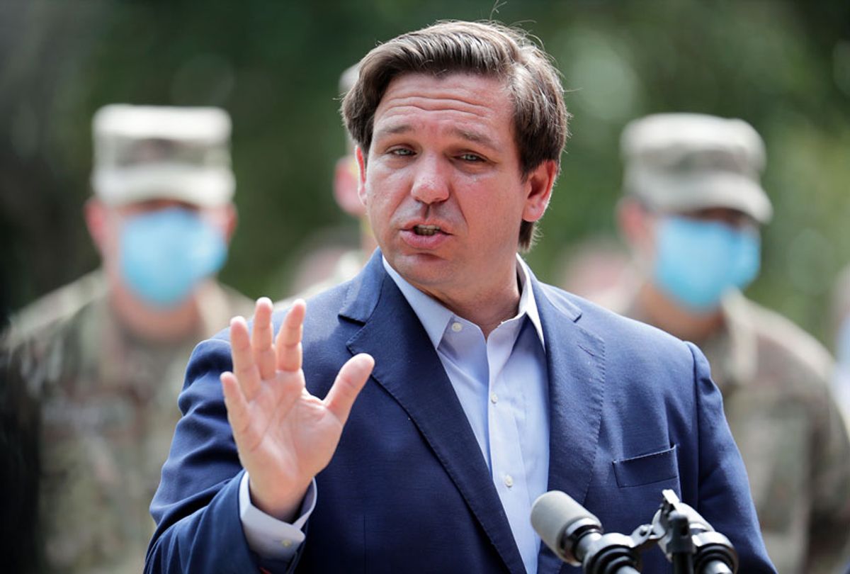 Florida Gov. Ron DeSantis responds to a question at a news conference at the Urban League of Broward County, during the new coronavirus pandemic (AP Photo/Lynne Sladky)