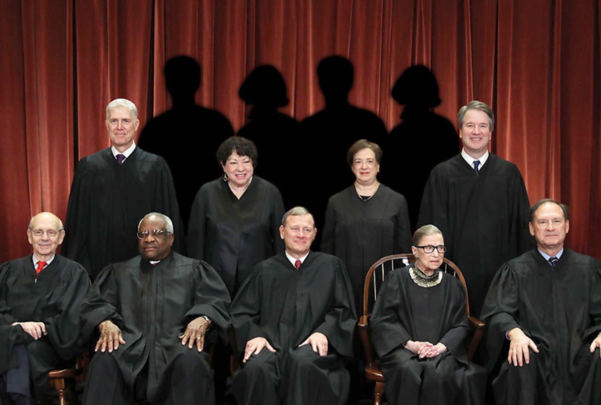 Photo illustration of Supreme Court Justices, plus 4 silhouetted justices (Getty Images/Chip Somodevilla/Salon)