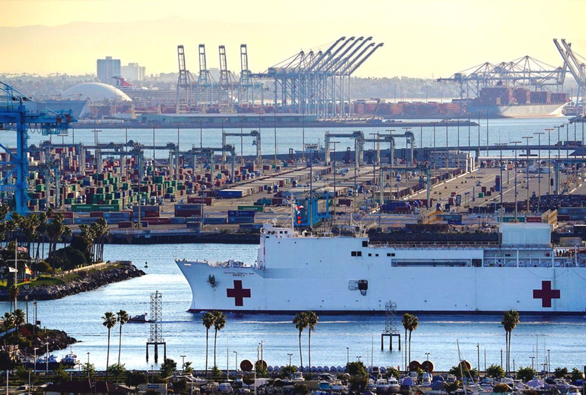 The USNS Mercy enters the Port of Los Angeles in Los Angeles. (AP Photo/Mark J. Terrill)