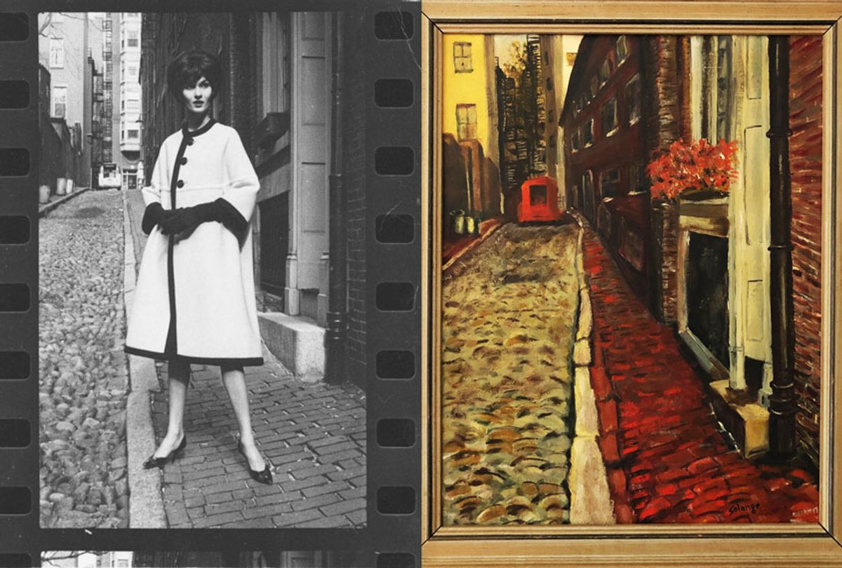 A photograph taken of the author's mother, alongside a painting done by the author's grandmother (Photo by Martin Cornel, Painting by Solange Langelier, both courtesy of Elizabeth Kadetsky (the author))