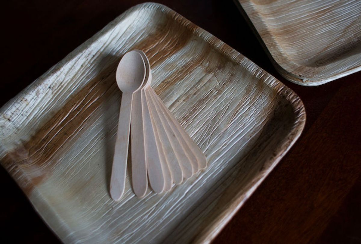 Biodegradable and compostable plates and utensils.  (Derek Davis/Portland Portland Press Herald via Getty Images)