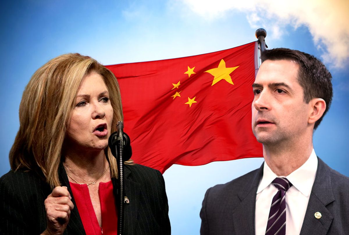 Tom Cotton, Marsha Blackburn and the Chinese flag (Photo illustration by Salon/Getty Images)