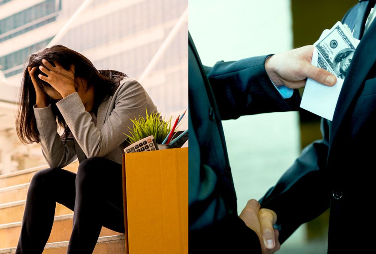 Woman sitting on stairs, upset | Businessmen shaking hands while one man places money in the other's pocket (Getty Images/Salon)