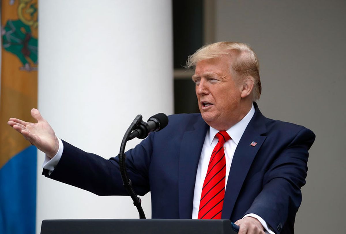 President Donald Trump speaks about the coronavirus during a press briefing in the Rose Garden of the White House, Monday, May 11, 2020, in Washington.  (AP Photo/Alex Brandon)
