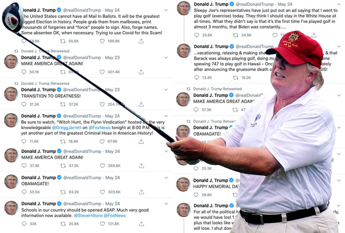 Donald Trump, tweeting and golfing (Photo illustration by Salon/Twitter/@realDonaldTrump/AP Photo/Andy Buchanan)