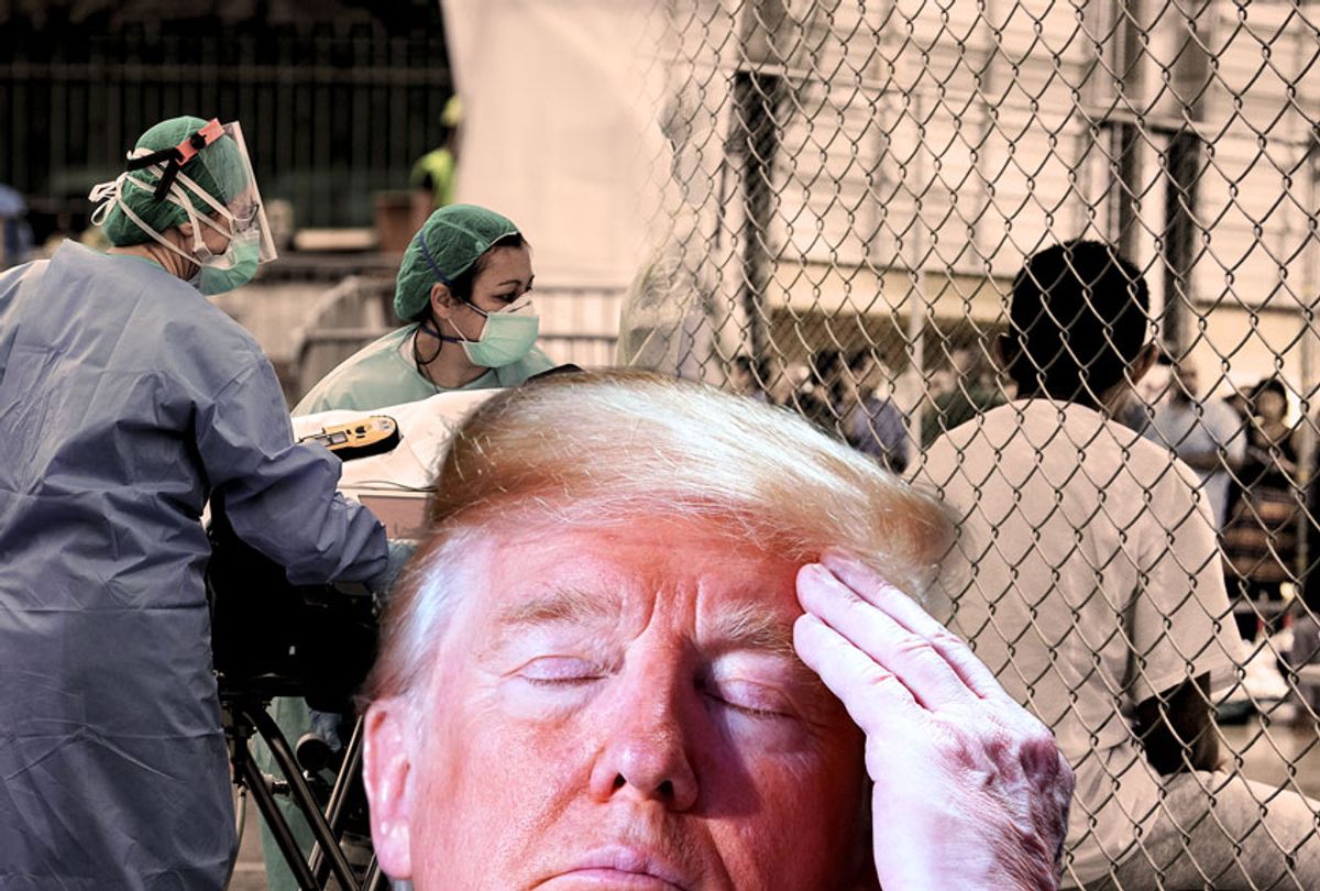 Donald Trump | A disaster response team will provide medical care during the novel coronavirus pandemic | People who've been taken into custody related to cases of illegal entry into the United States, sit in one of the cages at a facility in McAllen, Texas (Photo illustration by Salon/Getty Images/AP Photo)