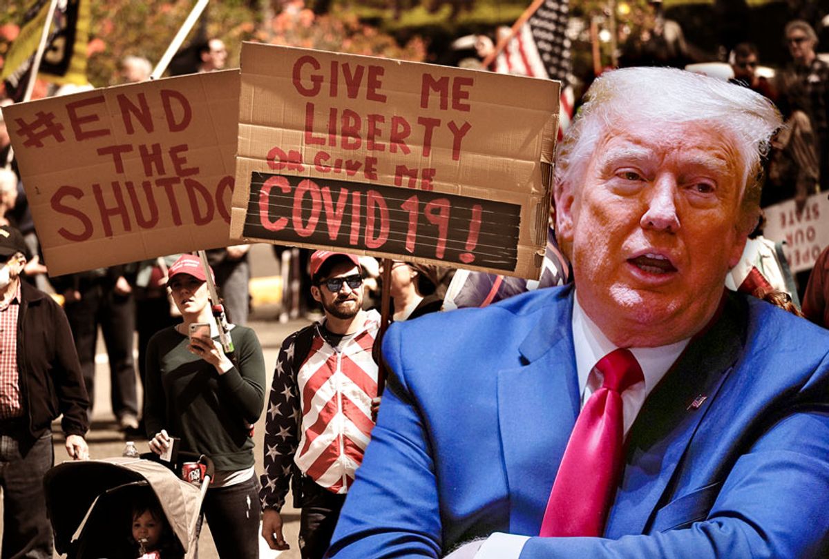 Donald Trump | Demonstrators begin to gather at a protest opposing Washington state's stay-home order to slow the coronavirus outbreak (Photo illustration by Salon/AP Photo/Elaine Thompson/Evan Vucci)