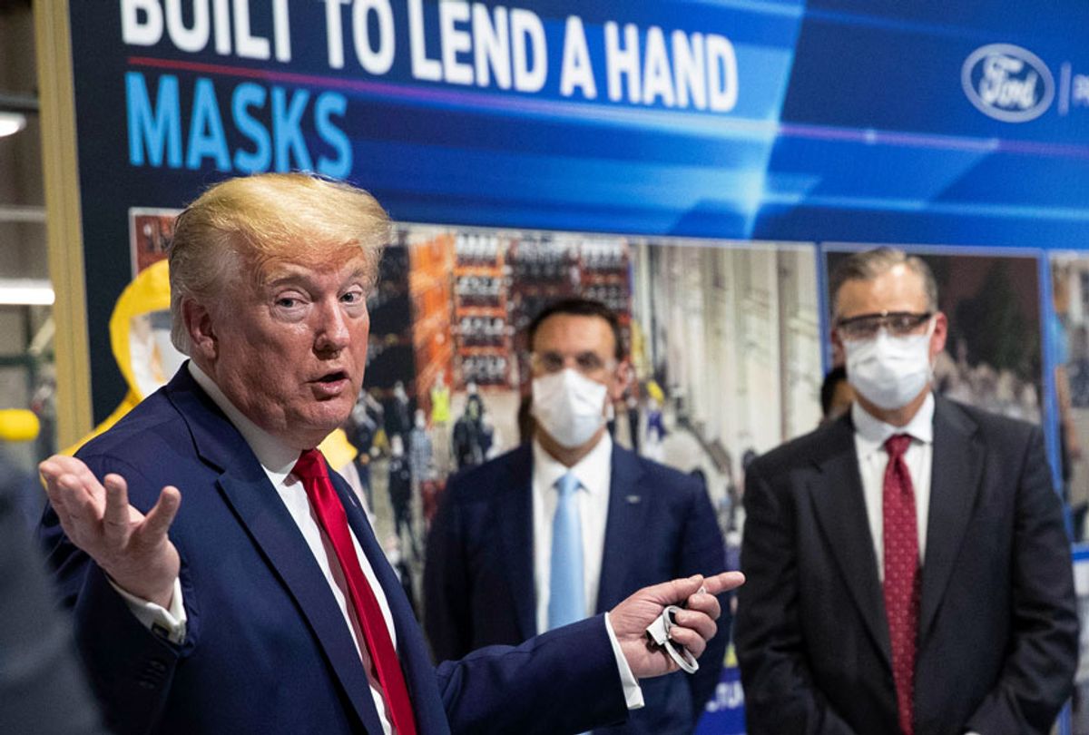 President Donald Trump speaks as he tours Ford's Rawsonville Components Plant that has been converted to making personal protection and medical equipment, Thursday, May 21, 2020, in Ypsilanti, Mich. (AP Photo/Alex Brandon)