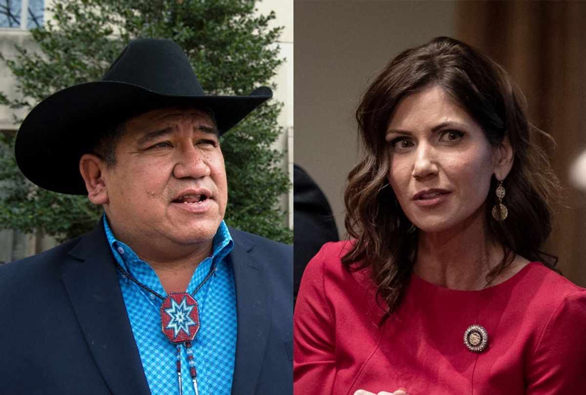 Governor of South Dakota Kristi Noem and Cheyenne River Sioux Tribe Chairman Harold Frazier (AP Photo/Getty Images/Salon)