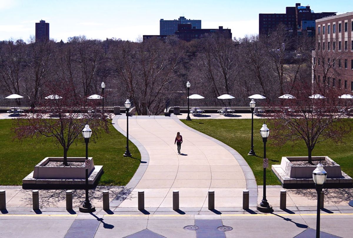 The University of Minnesota campus was mostly deserted Tuesday afternoon, April 21, 2020. (Glen Stubbe/Star Tribune via Getty Images)