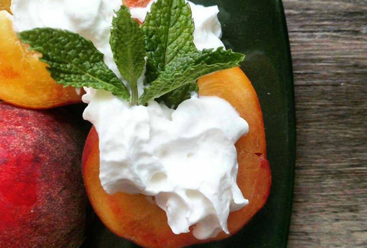 Grilled Peaches with Whipped Cream and Mint (Ashlie Stevens)
