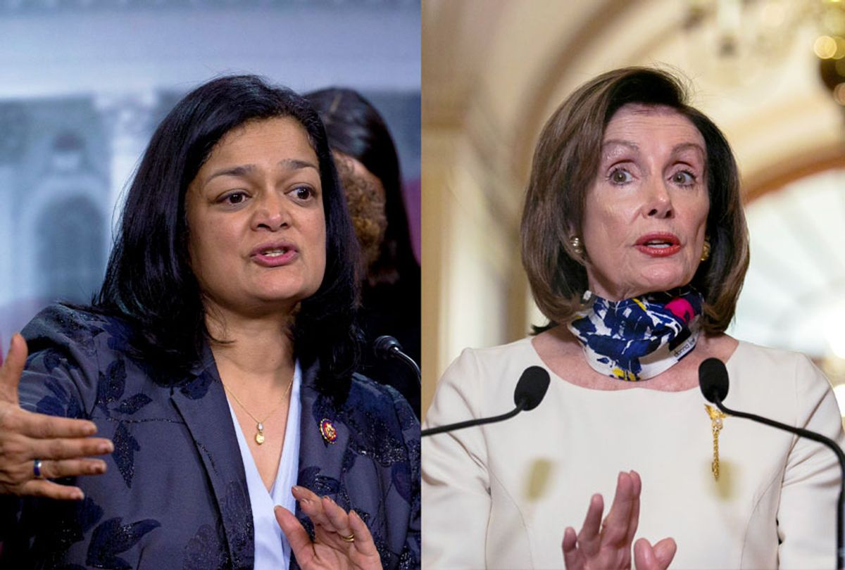 Rep. Pramila Jayapal and House Speaker Nancy Pelosi (Salon/AP Photo/Jose Luis Magana/Graeme Jennings)
