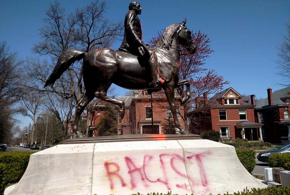 The Castleman statue in Louisville, Kentucky, after it was vandalized in 2018 (Ashlie Stevens)