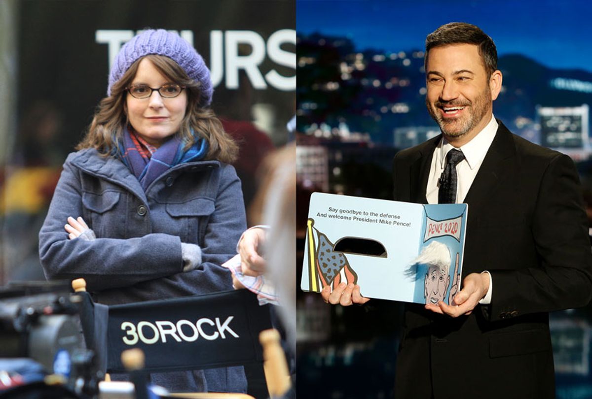 Tina Fey is seen on the set of the TV show "30 Rock" on location | Jimmy Kimmel from "Jimmy Kimmel Live!"  (ABC/Randy Holmes/Marcel Thomas/FilmMagic)