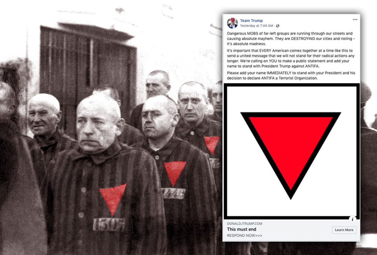 Prisoners at the concentration camp at Sachsenhausen, Germany, wearing triangles on their uniforms, are marched outdoors by Nazi guards on December 19, 1938 | A Trump 2020 advert the ran on Facebook (Photo Illustration by Salon/Getty Images/Facebook)