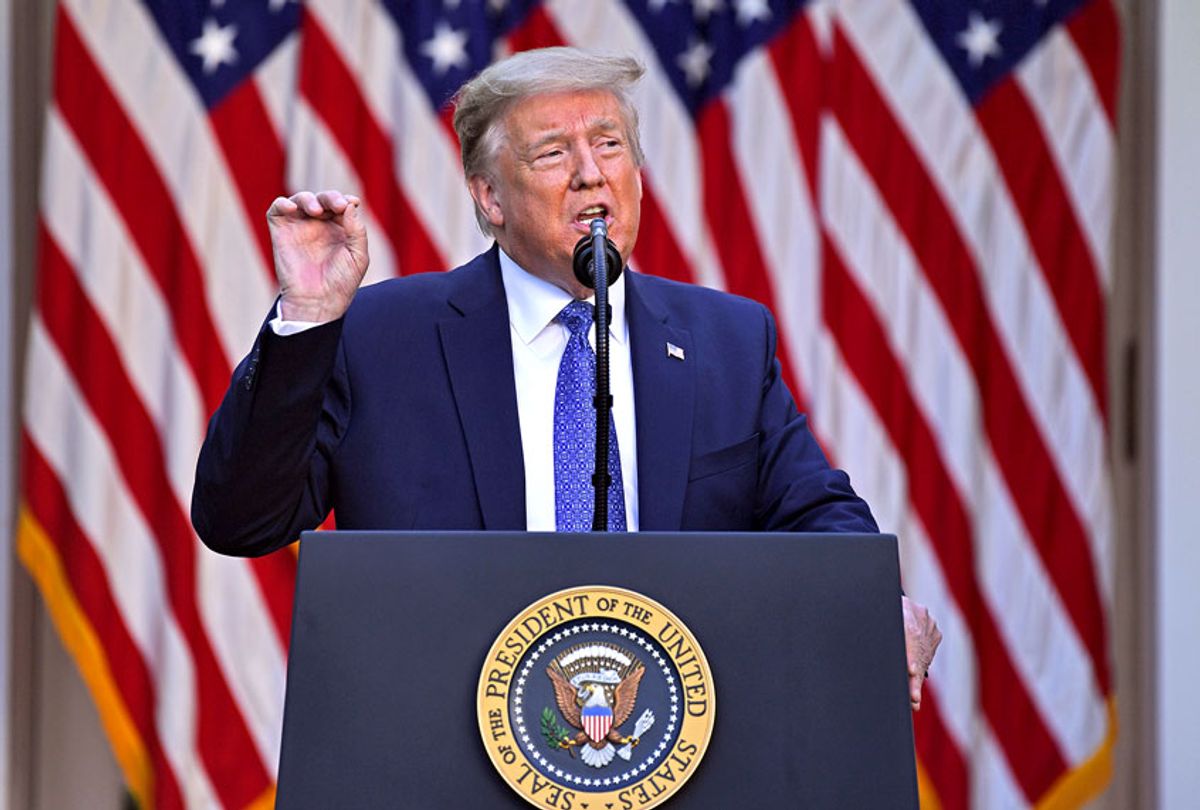 US President Donald Trump delivers remarks in front of the media in the Rose Garden of the White House in Washington, DC (BRENDAN SMIALOWSKI/AFP via Getty Images)