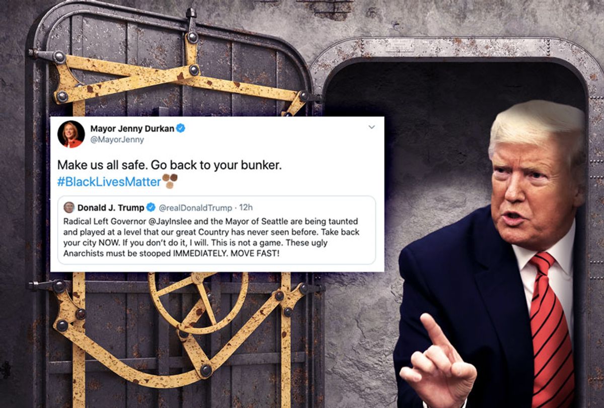 Donald Trump in his bunker | Seattle Mayor Jenny Durkan's tweet (Photo illustration by Salon/Getty Images/Twitter/@MayorJenny)