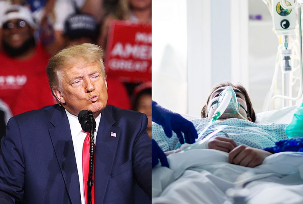 U.S. President Donald Trump speaks at a campaign rally  | COVID-19 patient attached to a ventilator (Getty Images/Salon)