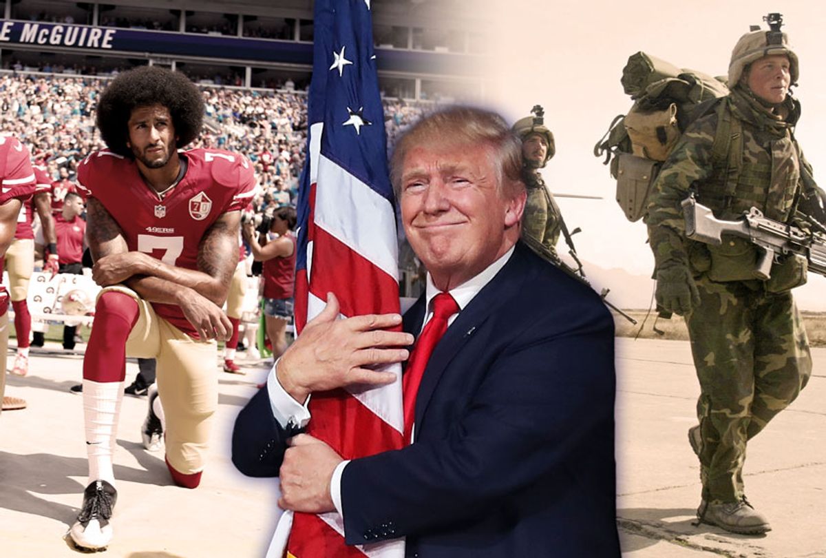 Trump hugging the American flag, Colin Kaepernick kneeling, and US troops in Afghanistan (Photo illustration by Salon/Getty Images)