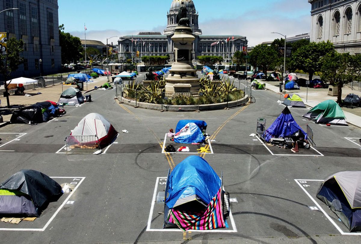Aerial view of painted squares as temporary sanctioned tent encampment for the homeless across from the City Hall amid the coronavirus epidemic on May 28, 2020 in San Francisco, California. (Liu Guanguan/China News Service via Getty Images)