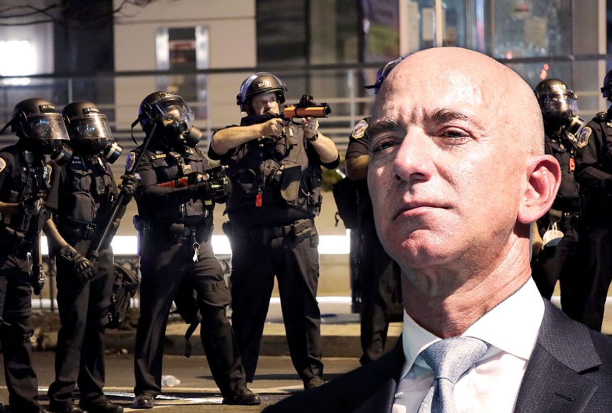Amazon CEO Jeff Bezos | Riot police confront demonstrators gathered over the death of George Floyd an unarmed black man who died after being pinned down by a white police (Salon/Elif Ozturk/Anadolu Agency/Yasin Ozturk/Anadolu Agency/Getty Images)