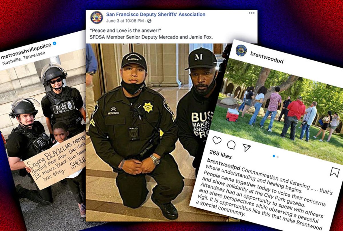 Various social media posts from police departments regarding their support in the wake of protests  (Photo illustration by Salon/Facebook/Instagram/SFDSA/Nashville Police Department/Brentwood Police Department)