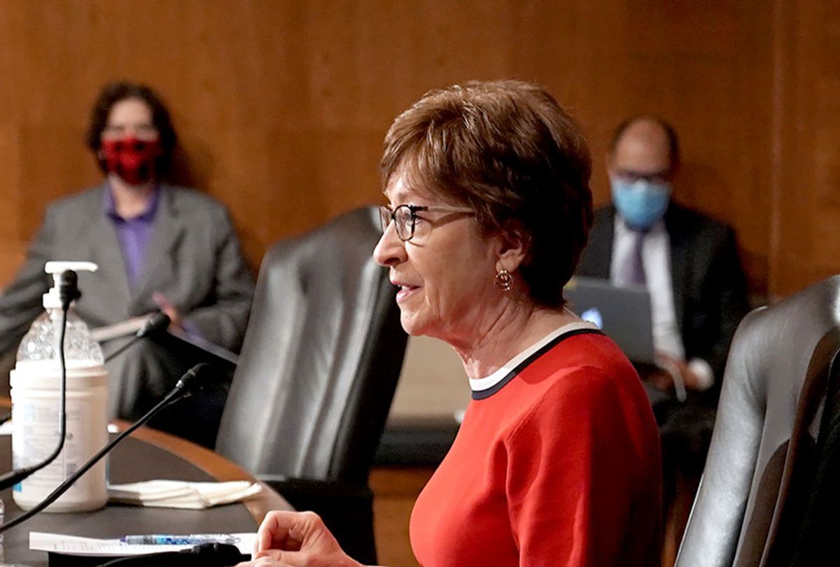 Sen. Susan Collins (R-ME) asks questions during a Senate Health, Education, Labor and Pensions Committee hearing to discuss the lessons learned during the coronavirus to prepare for the next pandemic on Capitol Hill on June 23, 2020 in Washington, DC. (Greg Nash-Pool/Getty Images)