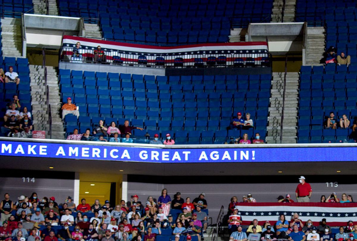 The upper section of the arena is seen partially empty as US President Donald Trump speaks during a campaign rally at the BOK Center on June 20, 2020 in Tulsa, Oklahoma. (NICHOLAS KAMM/AFP via Getty Images)