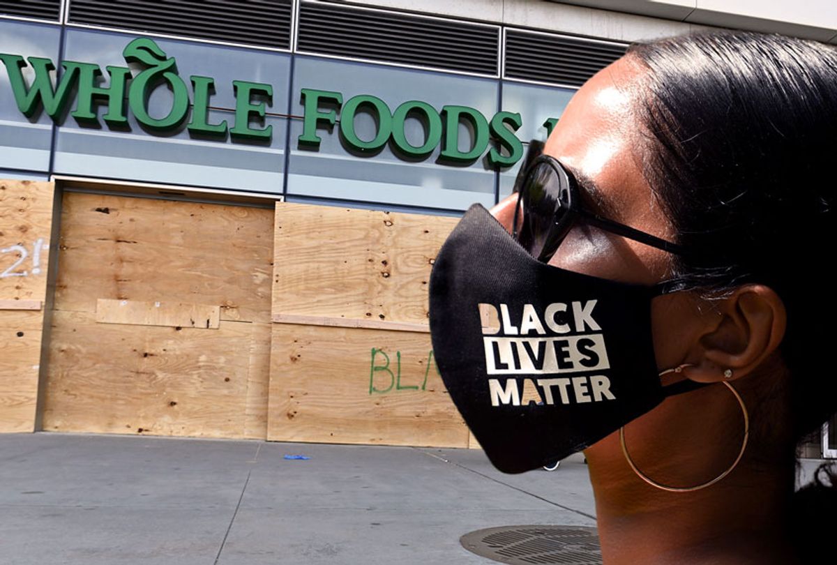 Boarded up Whole Foods Market store | Woman in a Black LIves Matter face mask (Getty Images/Salon)