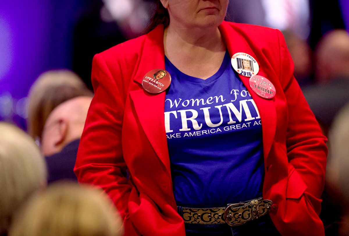 A supporter wears a "Women for Trump" shirt before the Republican Presidential nominee holds an event at the Eisenhower Hotel and Conference Center October 22, 2016 in Gettysburg, Pennsylvania. (Mark Makela/Getty Images)