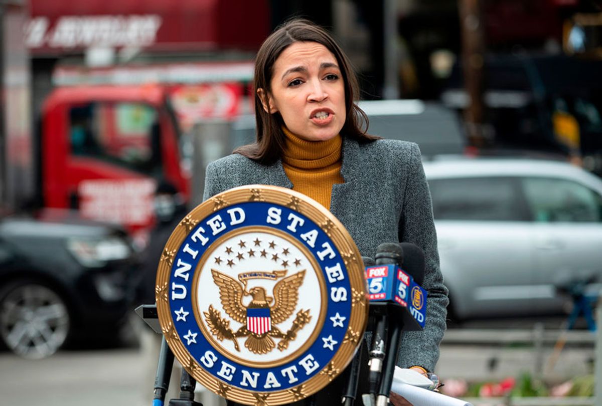 Democratic Congresswoman from New York Alexandria Ocasio-Cortez speaks during a press conference (JOHANNES EISELE/AFP via Getty Images)
