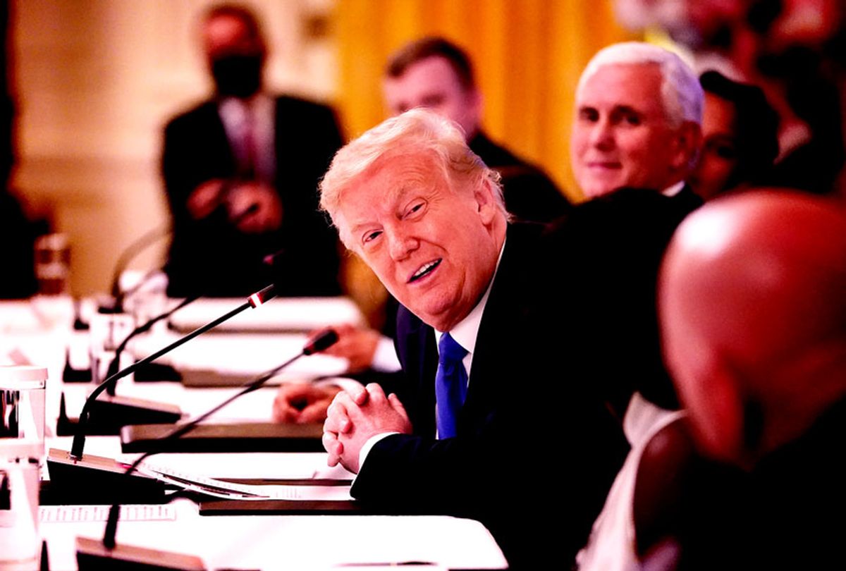  U.S. President Donald Trump speaks during an event with citizens positively impacted by law enforcement, in the East Room of the White House on July 13, 2020 in Washington, DC. The president highlighted life-saving actions by law enforcement officers and cited these examples as a potential negative effect that defunding the police would have on the lives of Americans. (Drew Angerer/Getty Images)