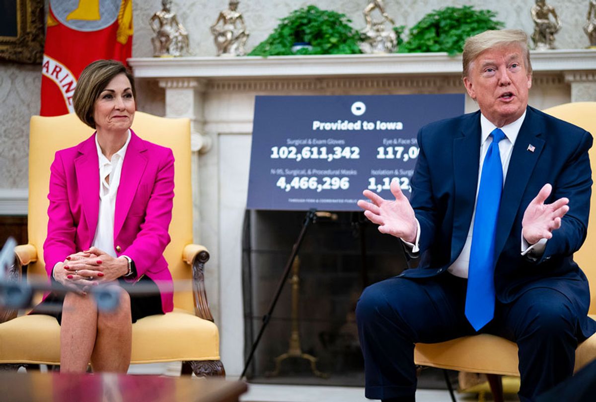 U.S. President Donald Trump meets with Iowa Governor Kim Reynolds in the Oval Office at the White House as he continues to promote re-opening business during the coronavirus pandemic (Doug Mills-Pool/Getty Images)