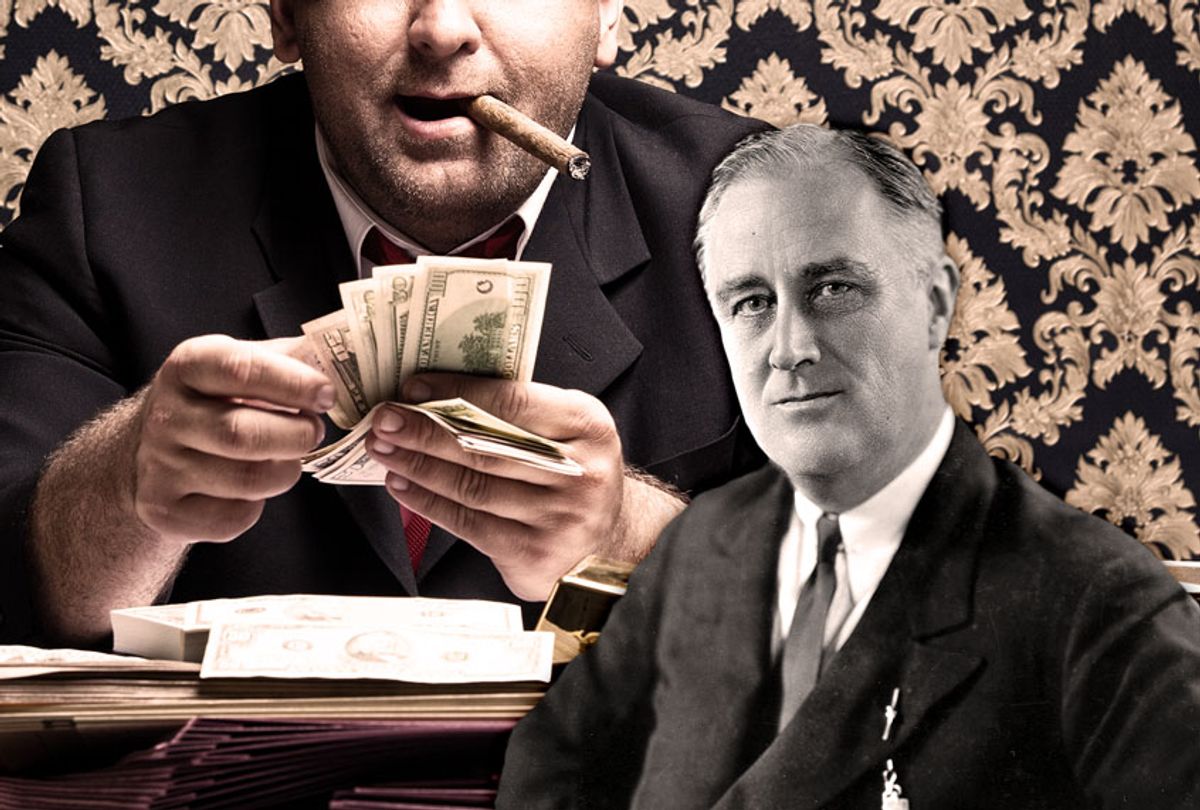 Franklin Delano Roosevelt | Rich man posing with money bags and dollar bills (Getty Images/Salon)
