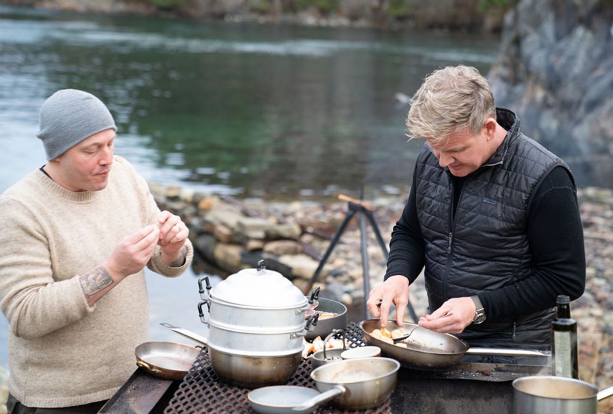 Chef Christopher Haatuft (L) and Gordon Ramsay working on their dishes during the big cook in Bergen, Norway. (National Geographic/Justin Mandel)