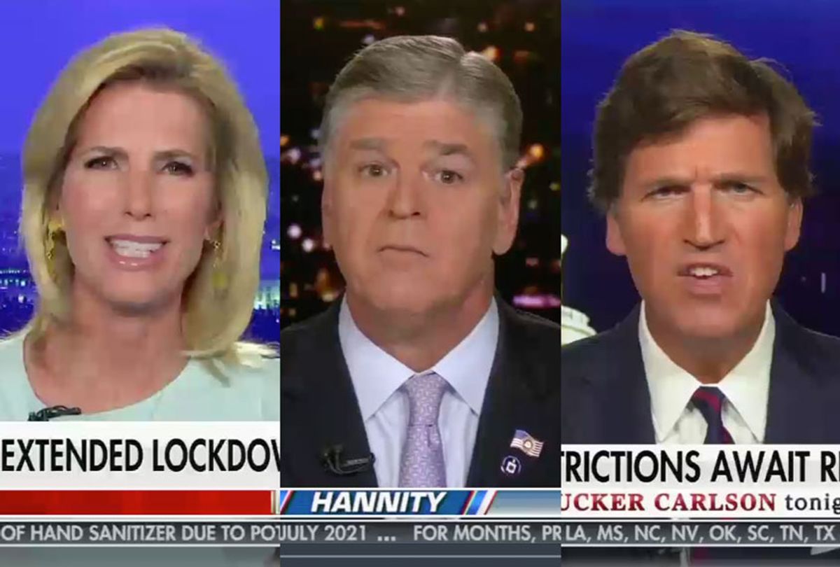 Laura Ingraham, Sean Hannity and Tucker Carlson on the July 7, 2020 episodes of their respective shows (Fox News/Salon)